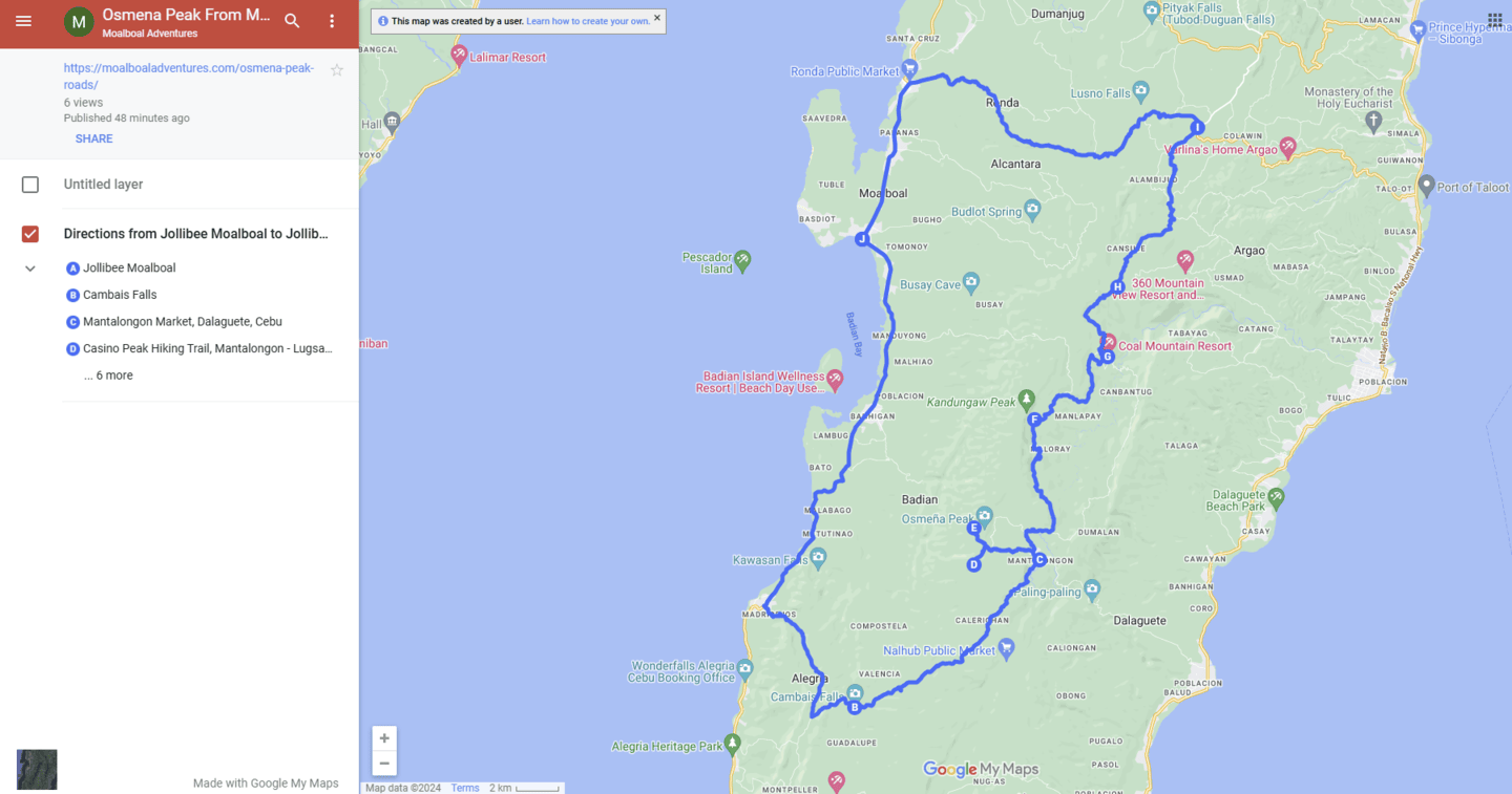 google map route to osmena peak